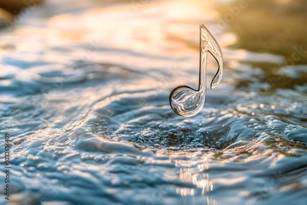 Fototapeta Crystal clear music note made of water floating above a serene ripple, symbolizing the harmony of nature and sound. Perfect for themes of music, fluidity, and peaceful tranquility