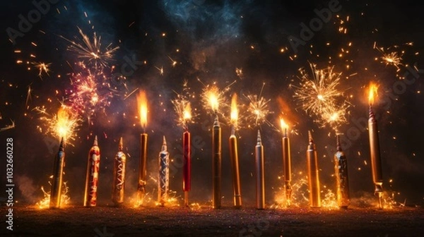 Fototapeta fireworks display, traditional fireworks elegantly arranged with sparklers, rockets, and roman candles on a dark background, illuminated