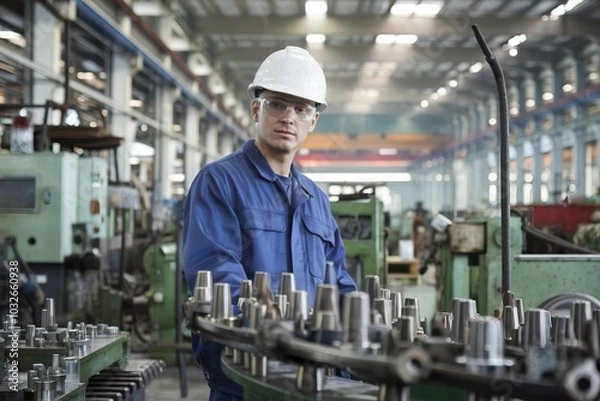 Fototapeta Worker in Factory with Machinery and Safety Gear