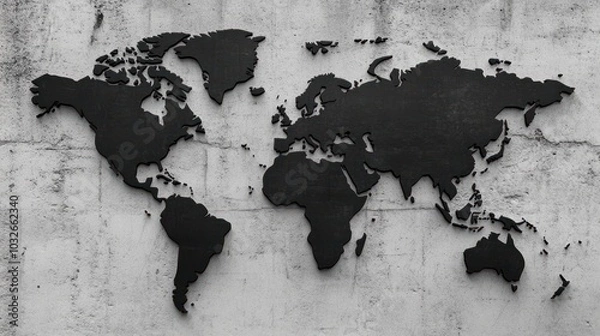 Fototapeta Monochrome black and white world map cutout against a gray background