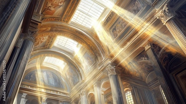 Fototapeta Basilica with frescoed vaulted ceiling light casting shadows on the stone below
