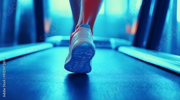 Fototapeta person running on machine treadmills at fitness gym