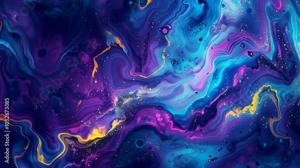 Obraz Painting of a galaxy with a blue background and gold and purple swirls