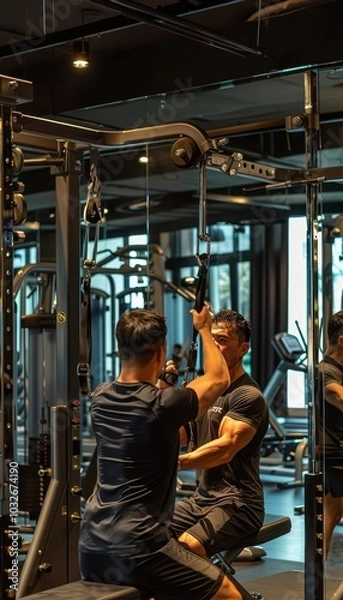 Obraz Fitness Trainer Assisting Client with Weight Training in Modern Gym Setting