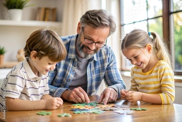 Fototapeta A man is playing with two children, one of whom is wearing glasses