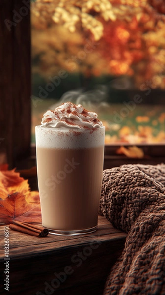 Obraz Creamy latte with whipped cream in cozy setting.