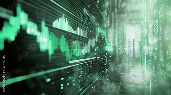 Fototapeta Digital data visualization with green graphs and abstract lines on a dark background.