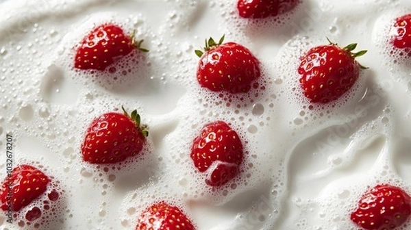 Fototapeta Close-Up of Body Cream Texture with Floating Strawberries in Milk