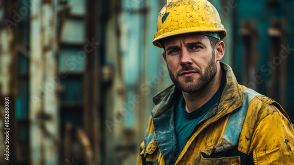 Obraz A skilled construction worker wearing a hard hat and orange-striped safety gear takes a moment to rest while on site