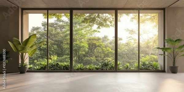 Fototapeta Serene Minimalist Room Bathed in Natural Light with Expansive Windows Overlooking Lush Greenery