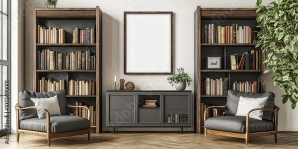 Fototapeta Stylish Interior Design of a Modern Living Area Office Lounge with Bookshelves and Cozy Seating for a Relaxed Atmosphere in a Home Library Decor