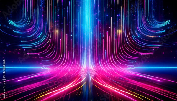 Fototapeta Abstract luminous threads, sound visualization, visualization of data exchange and data streaming on a black background, reflected on the floor