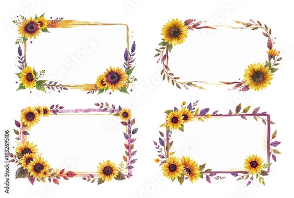 Fototapeta frames with dark yellow and deep purple, sunflowers and abundant leaves, ink style card, brush strokes, isolated