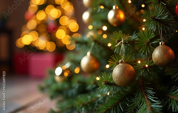 Obraz festive christmas scene features fir branches golden decorations merry holiday