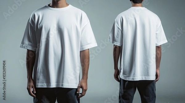 Fototapeta This image features a front and back view of plain white T-shirts displayed on a neutral background, ideal for mockups or showcasing minimalist fashion designs.