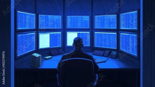 Fototapeta A person monitoring multiple screens in a high-tech control room, illuminated by blue light.