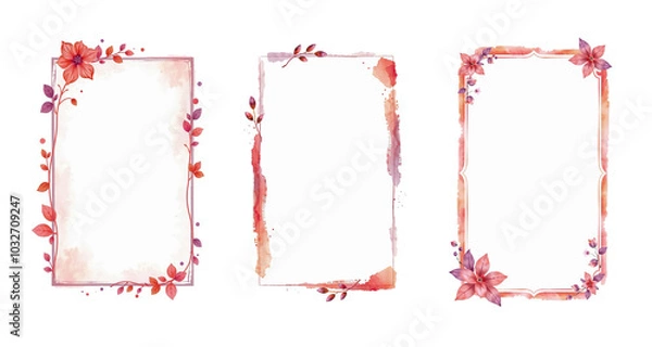 Fototapeta empty frames with red and purple, daffodils and hemlock leaves, brush stroke art, paint style card, isolated on white