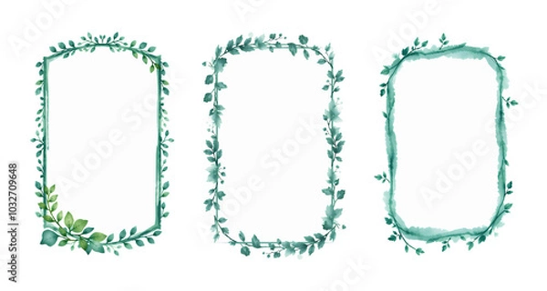 Fototapeta empty frames with space for text with green and dark teal, thoughtful flowers and oak leaves, isolated on white background, brush stroke art, paint style