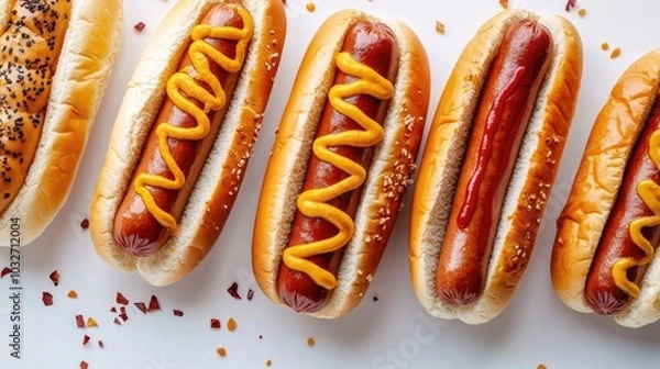 Fototapeta Assorted hotdogs with mustard and ketchup on artisanal buns, arranged artistically on a plain white surface.