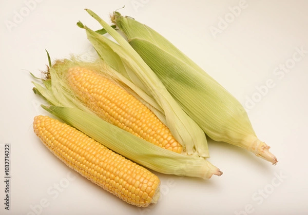 Fototapeta Three ears of corn on a white background. A printed cob. Ripe corn.
