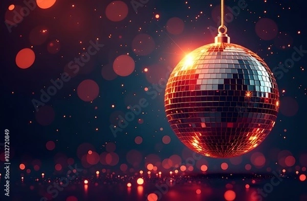 Fototapeta Disco ball with bright colorful rays bokeh background. New Year night party invitation.
