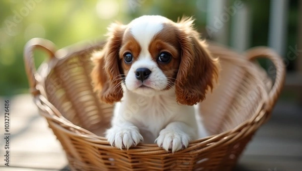 Fototapeta Adorable Cavalier King Charles Spaniel in wicker basket on sunny porch