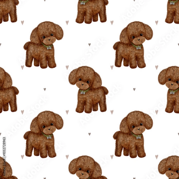 Fototapeta Cute little brown puppy poodle seamless pattern on transparent background