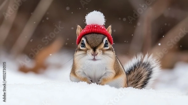 Fototapeta A charming chipmunk stands in the snow, wearing a cozy red and white striped sweater and a fluffy hat