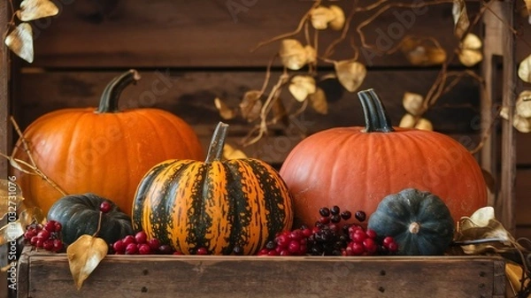 Fototapeta Halloween, orange pumpkins on a wooden table on a bokeh glowing background, copy space