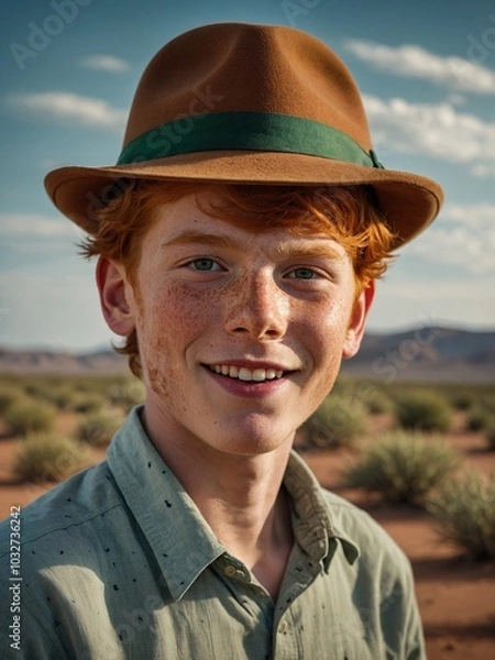 Fototapeta Young, red-haired Caucasian boy with freckles wearing tan hat and smiling in desert landscape