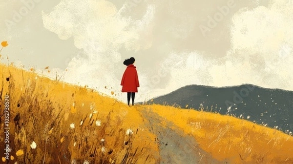 Fototapeta Illustration of a girl in a red coat walking through a field