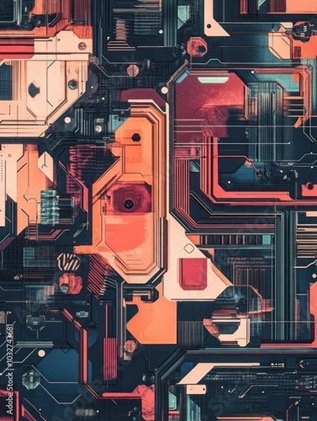 Fototapeta Retro-Futuristic Geometric Circuit: Bold Tech Patterns and Abstract Digital Design in Vibrant Red and Orange