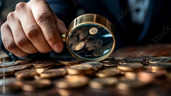 Fototapeta Close-Up of Coins with Magnifying Glass