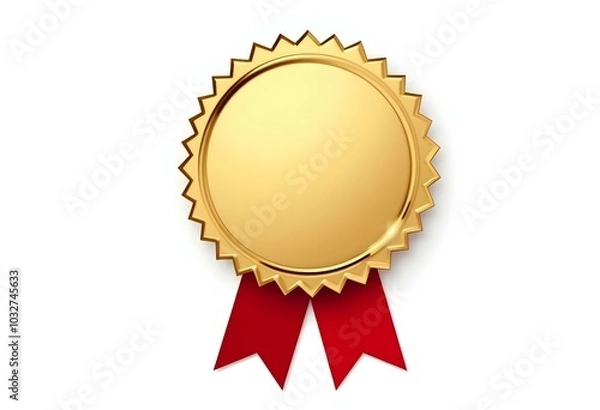 Fototapeta blank gold badge with a red ribbon draped across the bottom, isolated on a pure white background, front view create with ai