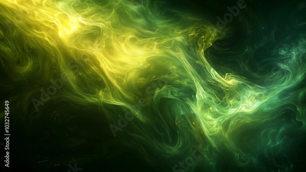 Fototapeta An Abstract Encounter of Swirling Green-Yellow Fog and Dark Background