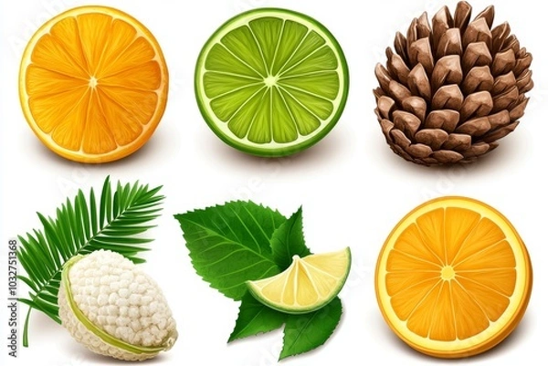 Fototapeta Assortment of citrus fruits and pine cones on white background symbolizing natural freshness zest and the vibrant colors of summer and winter seasons