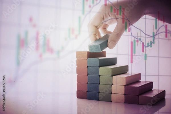 Fototapeta graph from block wood with hand and money concept