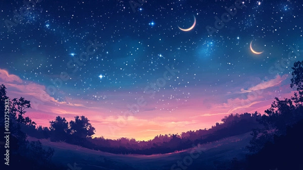 Fototapeta Depict a clear, star-filled sky, with constellations visible and perhaps a crescent moon casting a soft glow. The stars should twinkle brightly, creating a serene backdrop. 