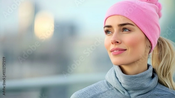 Obraz Close-up portrait of a young woman with blonde hair wearing a pink knitted hat and a gray turtleneck sweater, looking to the side with a soft smile.