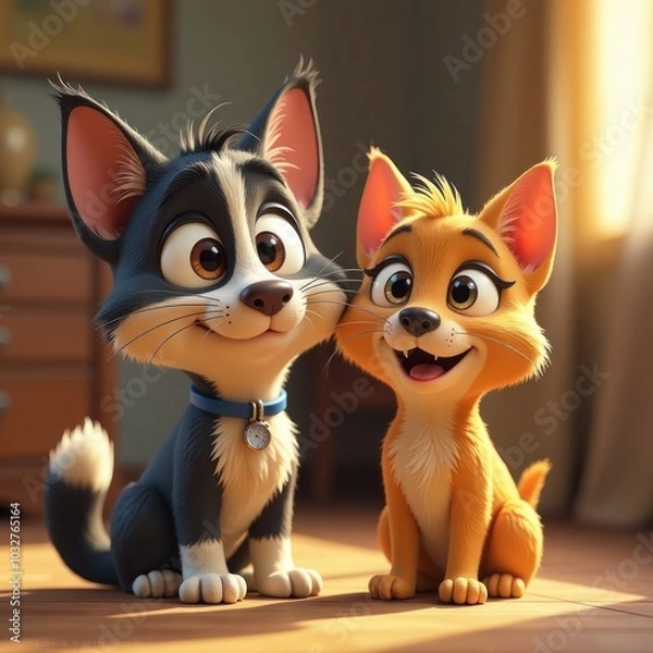 Obraz Adorable animated dog and cat duo sitting in a sunlit room