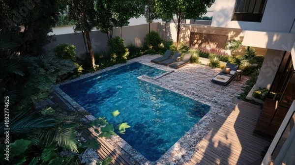 Fototapeta Relaxing Garden Terrace With a Serene Swimming Pool Surrounded by Lush Greenery. Generative AI
