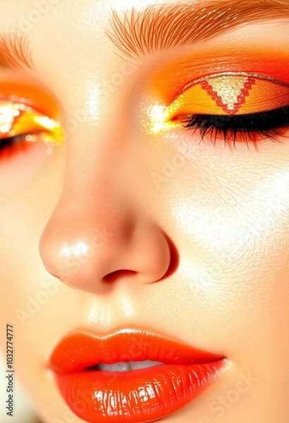 Fototapeta A striking close-up photo of a model with vivid orange eye makeup. The vibrant colors and flawless blending highlight artistic makeup skills, emphasizing the model's eye and lip features.

