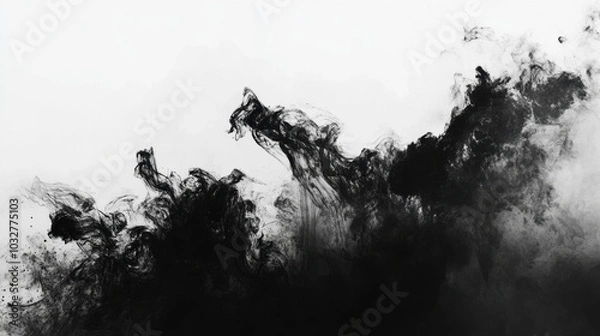 Fototapeta Dynamic black ink splashes create striking abstract art on a blank canvas