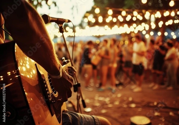 Fototapeta Close up of an acoustic guitarist sitting on the stage, playing his guitar at an outdoor concert in the evening with many people enjoying the music and lights. In the background is an audience standin