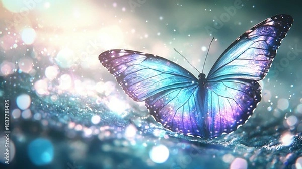 Fototapeta   A blue butterfly in focus on a water surface with blurred background light