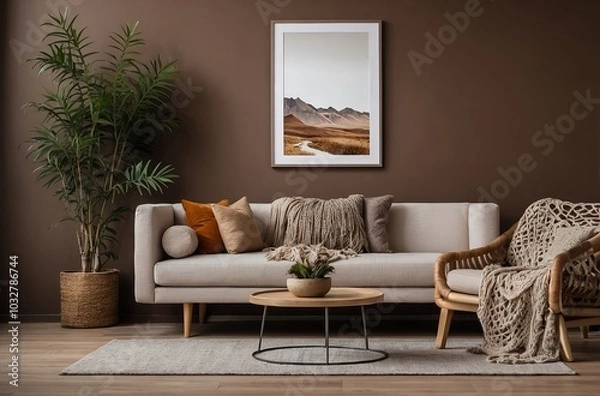 Fototapeta Scandinavian, Boho interior design of modern living room with accent armchair and big frame on brown wall. Lively decor highlights a simple, country style with modern elements.