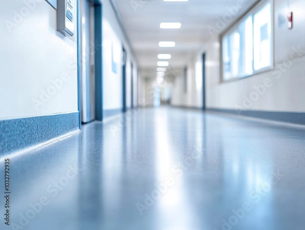 Fototapeta A quiet, sterile hospital corridor illuminated by soft lighting during the early evening hours
