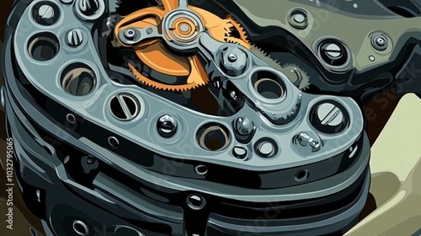 Fototapeta Detailed close-up of a mechanical watch mechanism with intricate gears and screws.