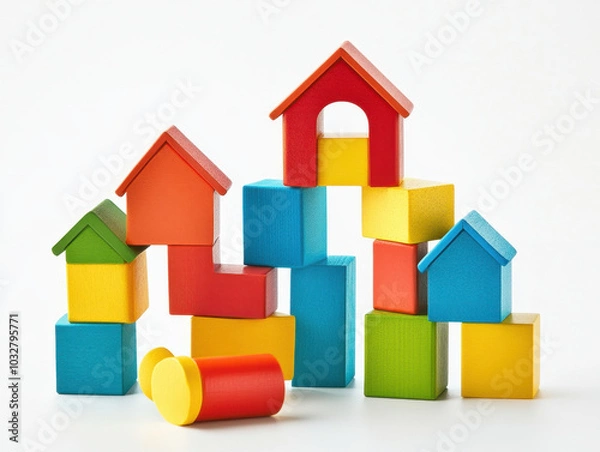 Fototapeta Colorful wooden building blocks arranged creatively in a playful architectural display for children