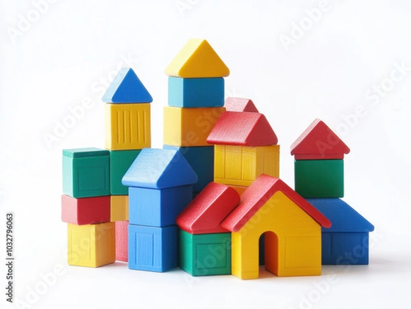 Obraz Colorful wooden building blocks arranged creatively in a playful architectural display for children